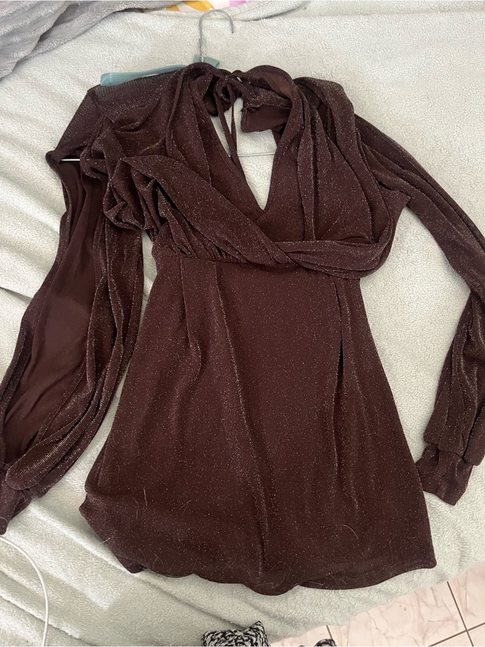 SHEIN Shimmery Wrap Mini Dress in Deep Brown